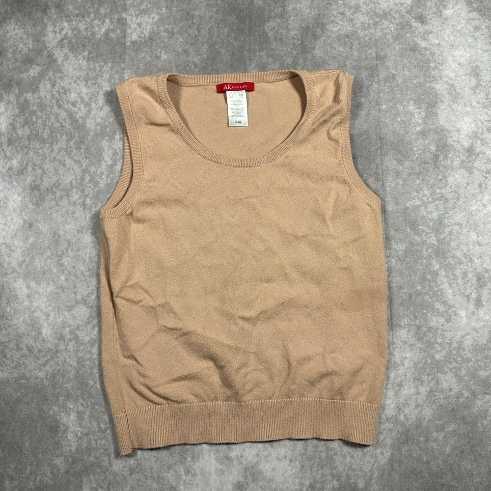 Anne Klein Tan Knit Shell Top Womens PM Petite Medium Sleeveless Scoop Neck Chic